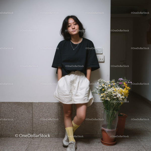 Casual Young Woman in Black T-Shirt and Beige Shorts Standing Indoors