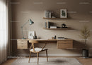 Minimalist wooden desk setup with modern decor and lamp
