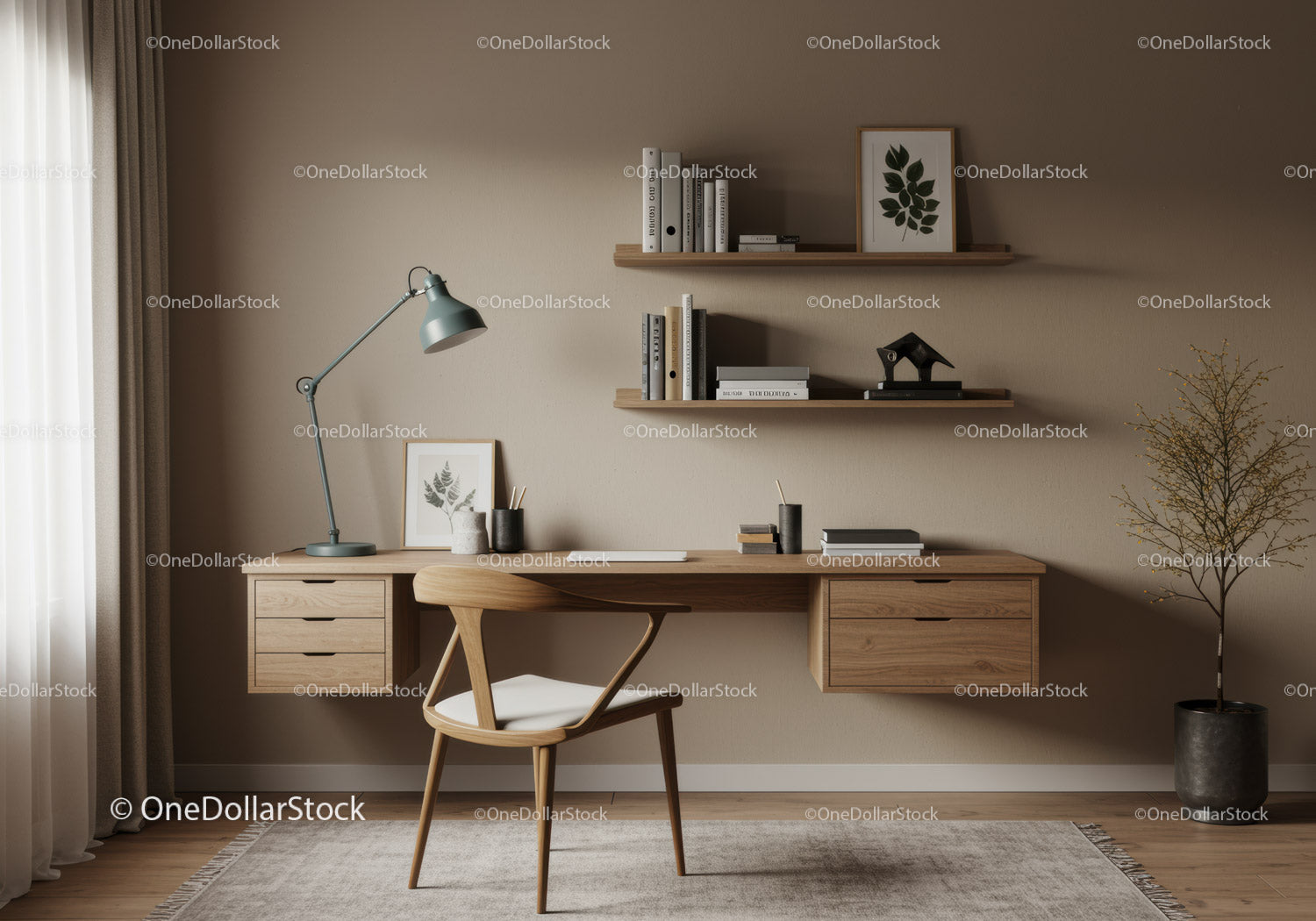 Minimalist wooden desk setup with modern decor and lamp