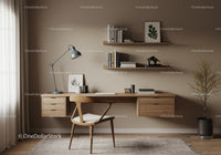 Minimalist wooden desk setup with modern decor and lamp