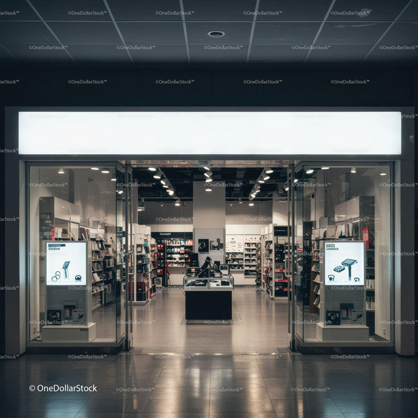 Modern electronics store interior with sleek displays JPG Mockup Image