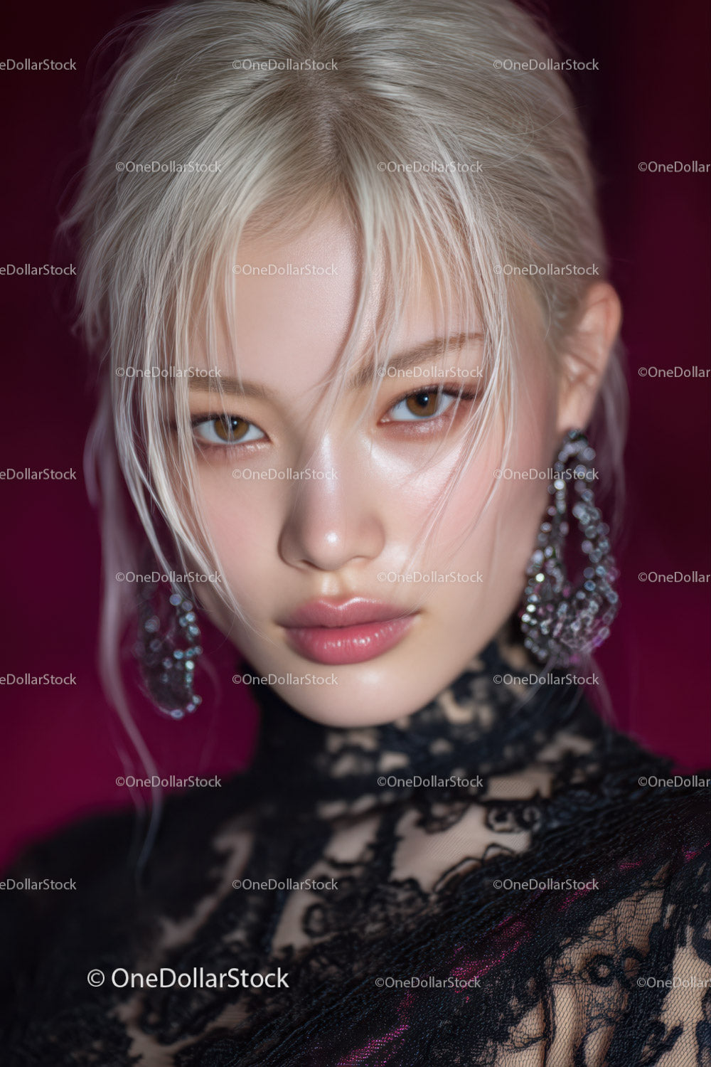 Elegant Blonde Woman Wearing Lace Top and Silver Earrings