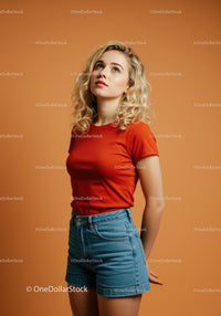 Young woman in red t-shirt looking up thoughtfully