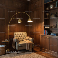Cozy vintage armchair nook with warm lighting and wood paneling