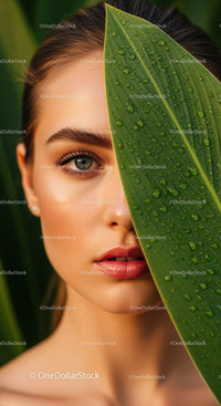 Elegant Woman with Green Leaf and Water Droplets in Natural Light