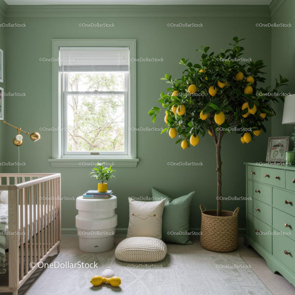 Green Nursery Room with Lemon Tree and Comfortable Decor