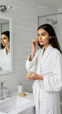 Woman Applying Gold Eye Patches in Bathroom for Skin Rejuvenation