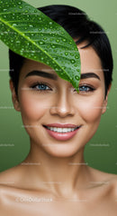 Close-up of Smiling Woman with Blue Eyes and Green Leaf Water Droplets