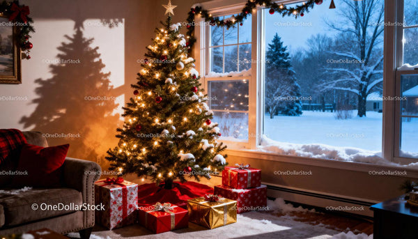 Cozy living room with decorated Christmas tree and snow outside
