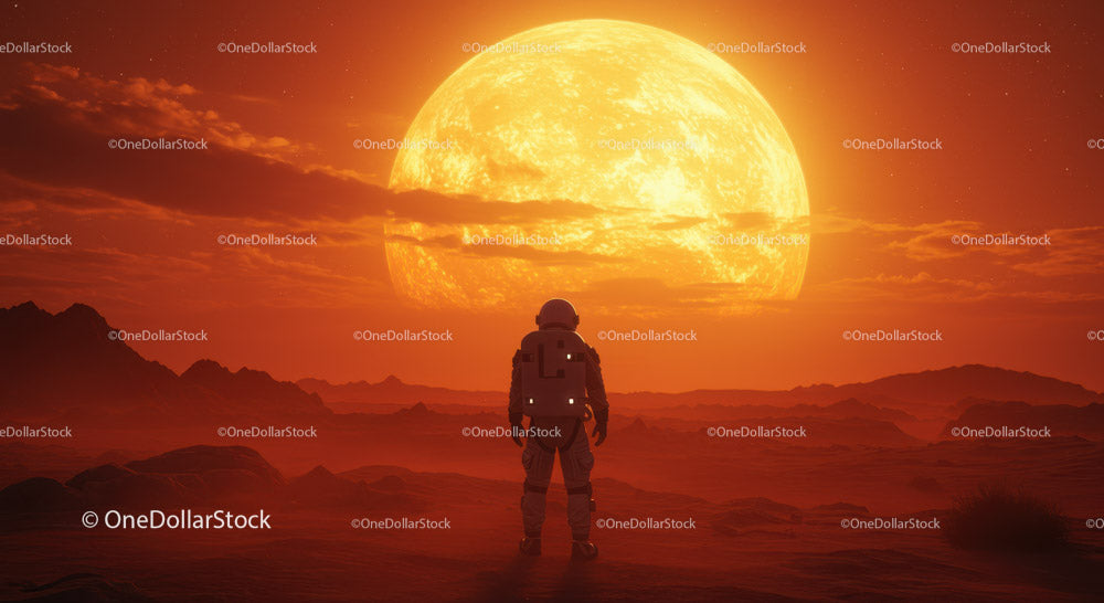Futurystyczny astronauta badający obcy krajobraz pod gigantycznym słońcem