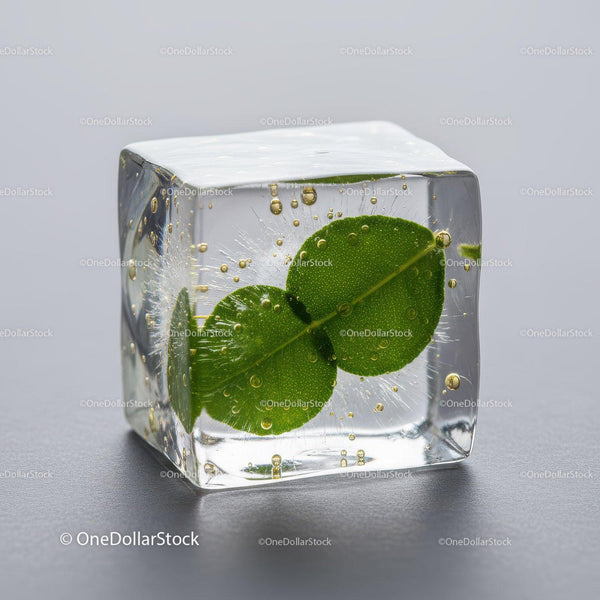 Fresh Green Lime Leaf Frozen Inside Clear Ice Cube