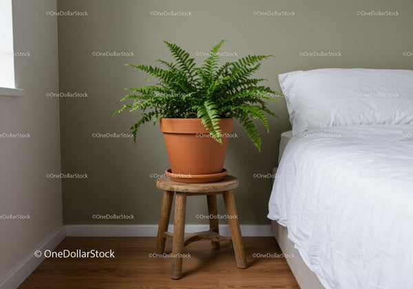 Indoor Green Fern in Terracotta Pot on Wooden Stool in Bedroom