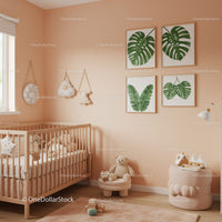 Modern Nursery Room with Tropical Leaf Wall Art and Soft Pink Decor