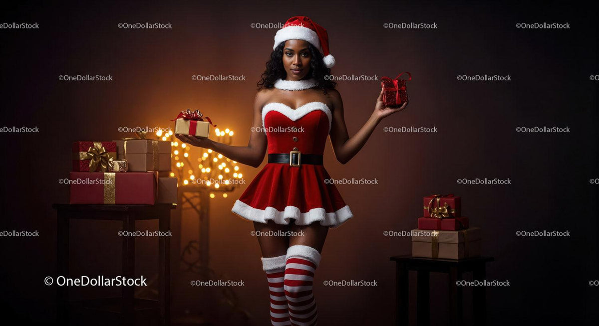 Woman in Santa Dress Holding Festive Holiday Gifts