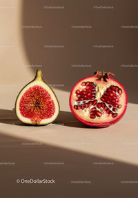 Fresh fig and pomegranate halves on beige background
