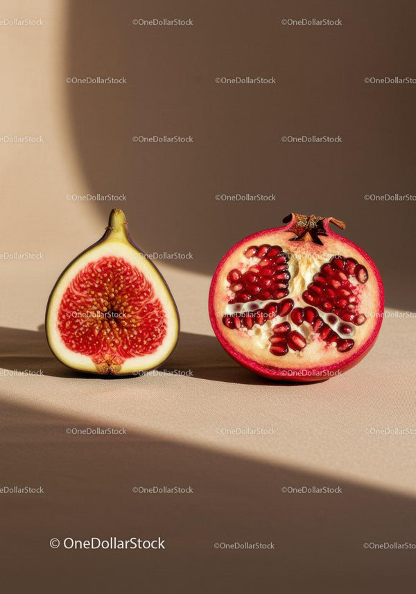 Fresh fig and pomegranate halves on beige background