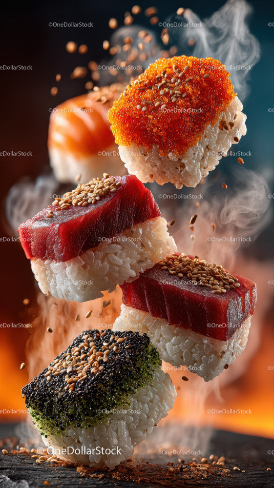 Colorful Sushi Platter with Salmon Tuna Eel and Vegetables