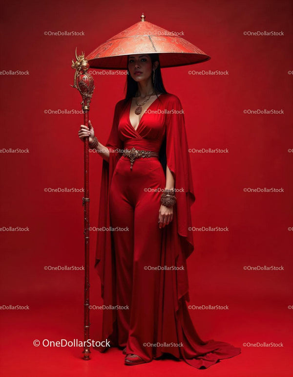 Elegancka kobieta w czerwonej sukni z dodatkami na czerwonym tle (44 zdjęcia)