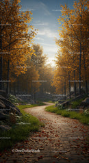 Autumn Forest Pathway with Golden Foliage and Rocky Terrain