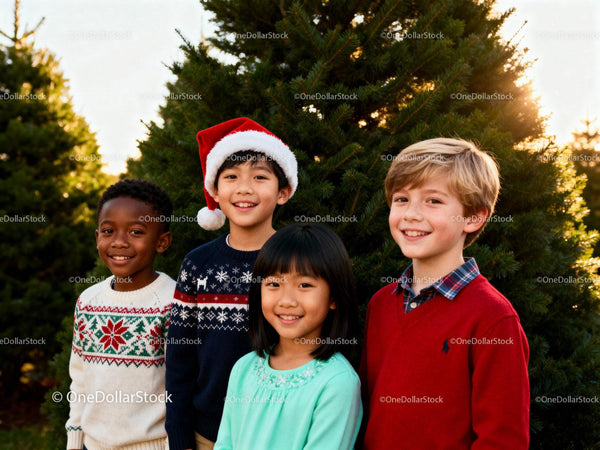 Diverse children smiling by Christmas trees outdoors