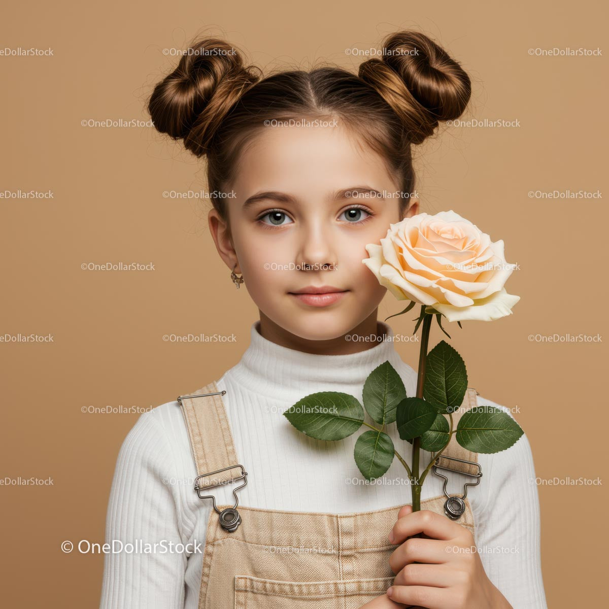 Young Girl with Pale Peach Rose Portrait on Soft Beige Background