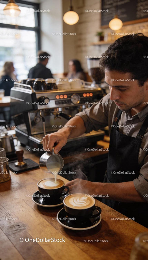 Barista carefully pouring milk for two lattes in cafe