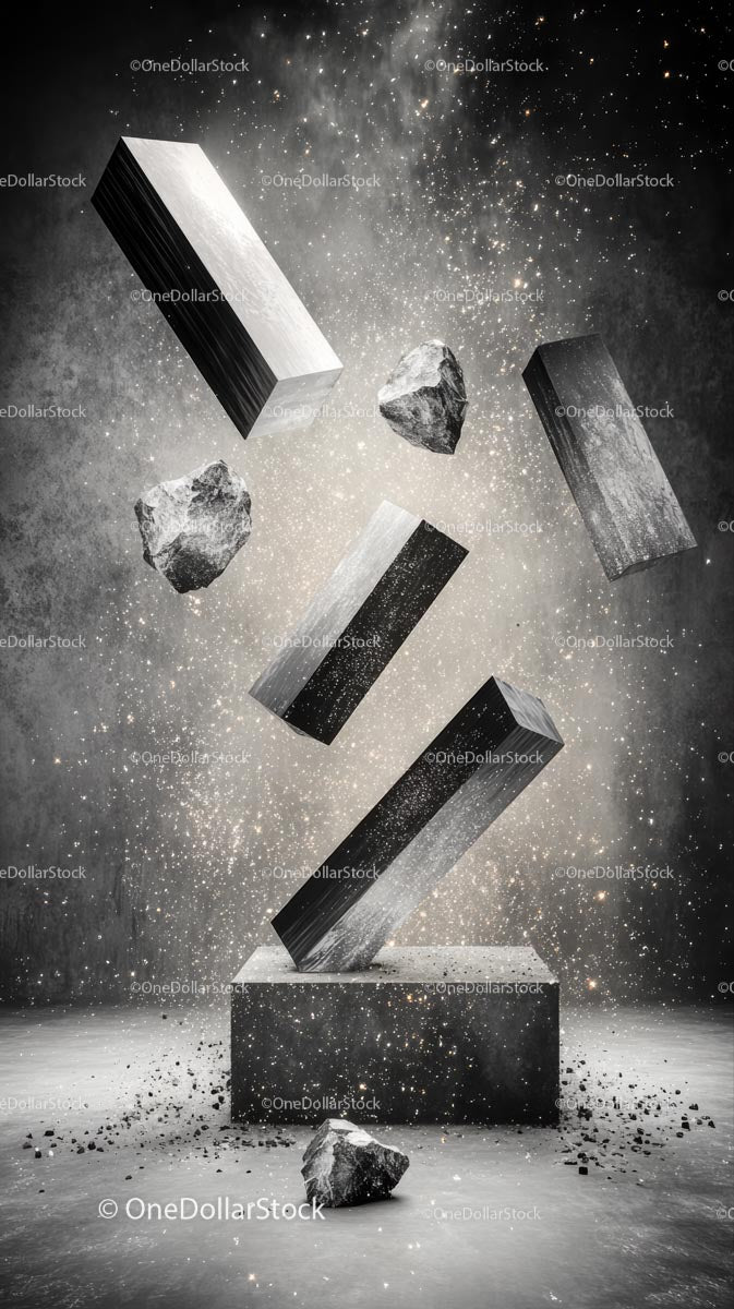 Floating Blocks and Rocks in Space Surreal Artistic Composition