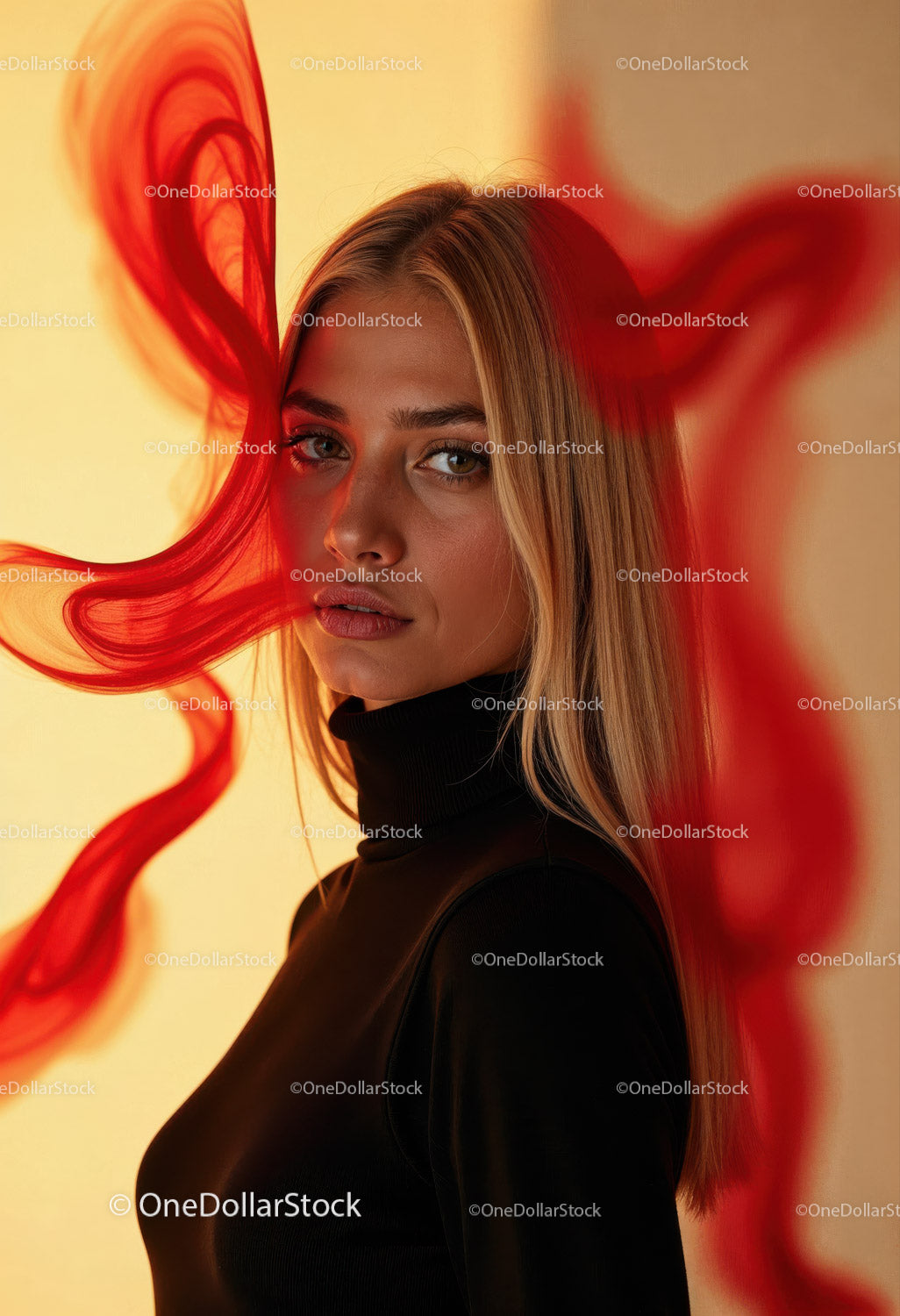 Creative Artistic Makeup Portrait with Red Face Paint and Blonde Hair