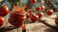 Ripe Cherry Tomatoes and Tomato Jam on Rustic Wooden Surface