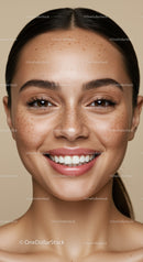 Close up of smiling woman with natural freckles and healthy skin