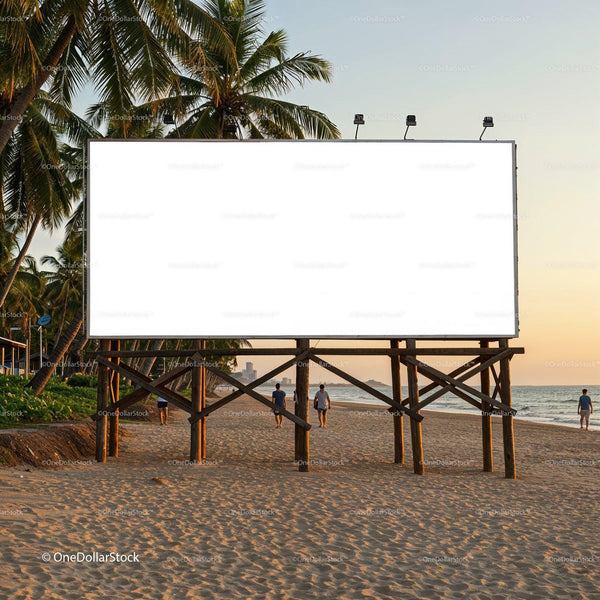 Empty Beach Billboard at Sunset with Palm Trees JPG Mockup Image