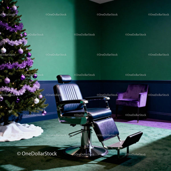 Classic barber chair near decorated Christmas tree
