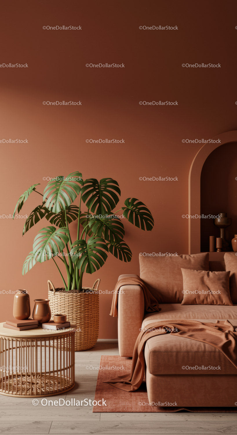 Stylowy salon ze ścianą z terakoty i rośliną Monstera