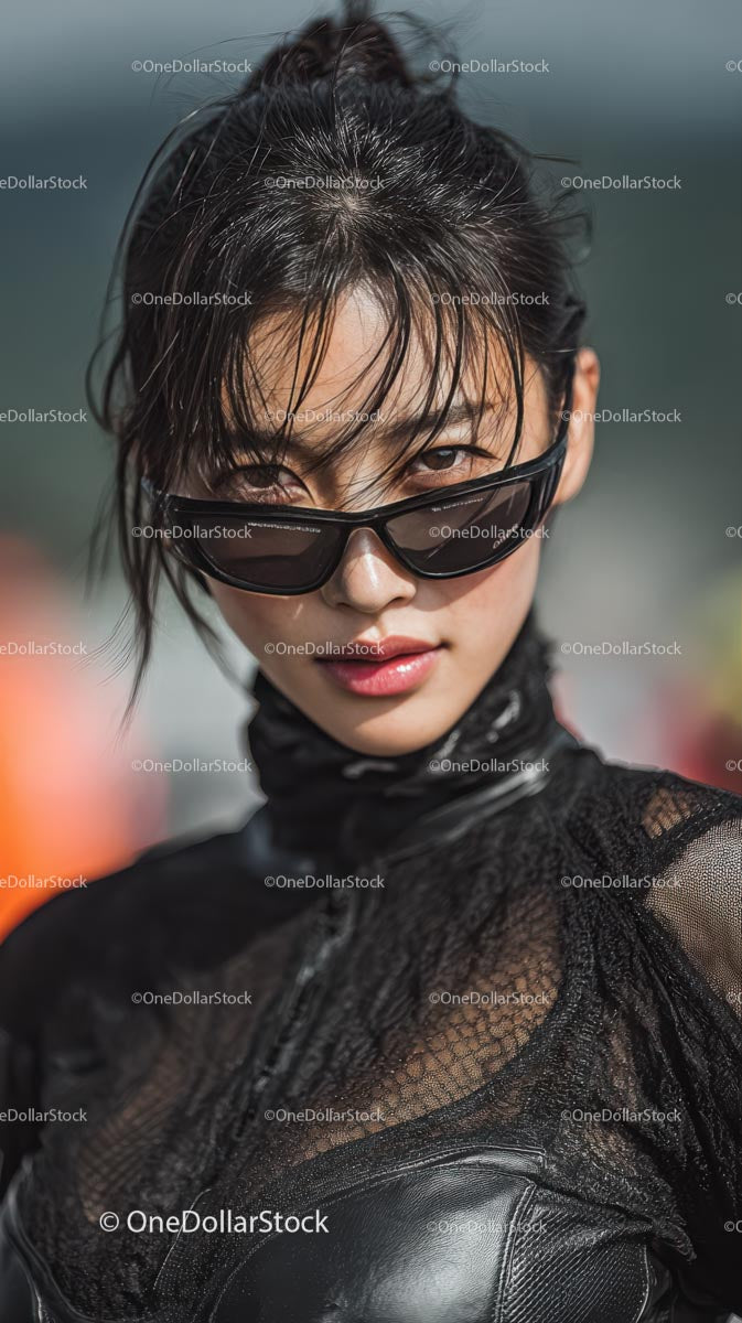 Confident Young Woman in Stylish Black Outfit and Sunglasses