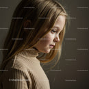 Thoughtful young girl in beige turtleneck sweater