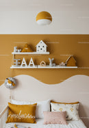 Modern Nursery with Yellow and White Decor Featuring Animal Toys and Shelves