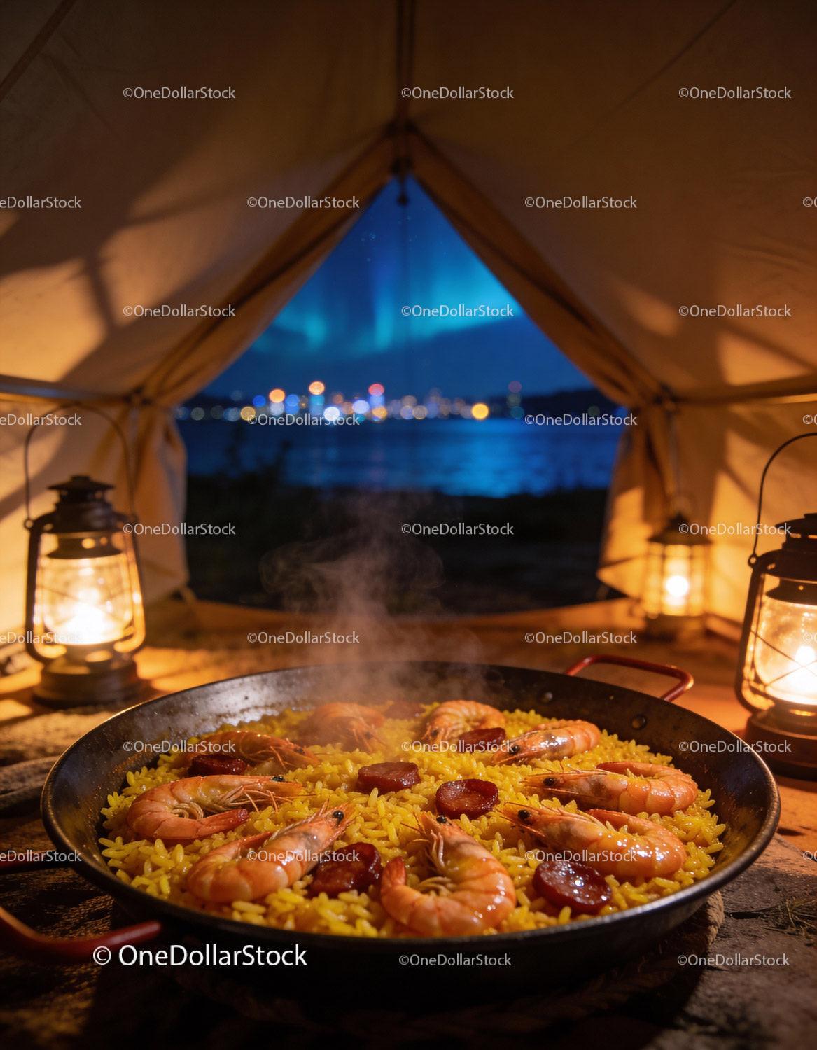 Seafood paella cooking in a tent with night city lights