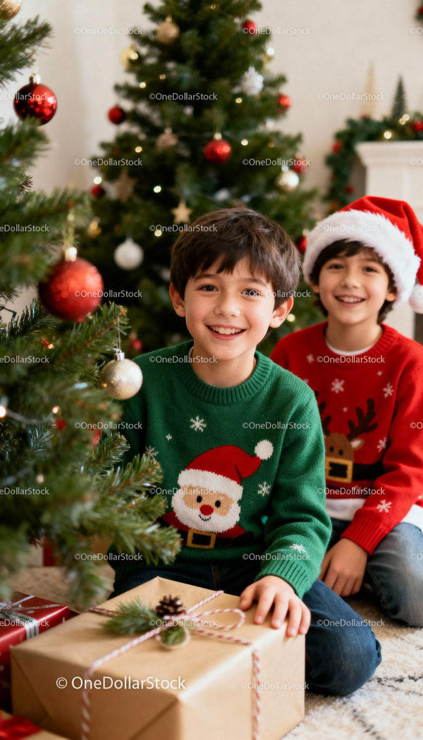Smiling boys in festive sweaters with Christmas gift