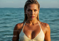Glamorous Woman in White Swimsuit Enjoying Sun and Ocean Scene