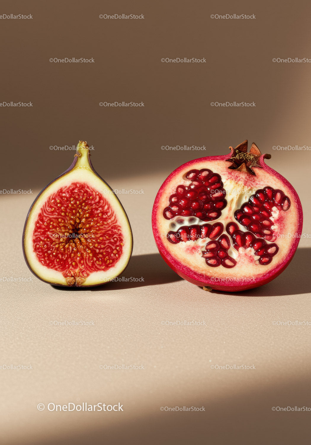 Świeże połówki fig i granatu na beżowym tle