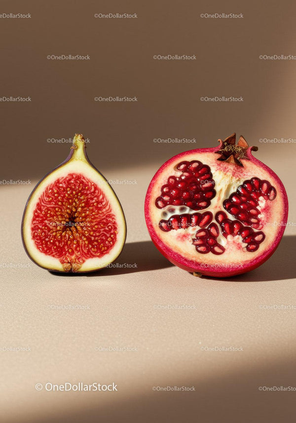 Fresh fig and pomegranate halves on beige background