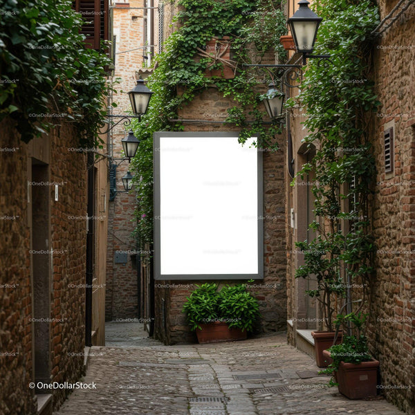 Narrow cobblestone street with blank billboard and greenery JPG Mockup Image