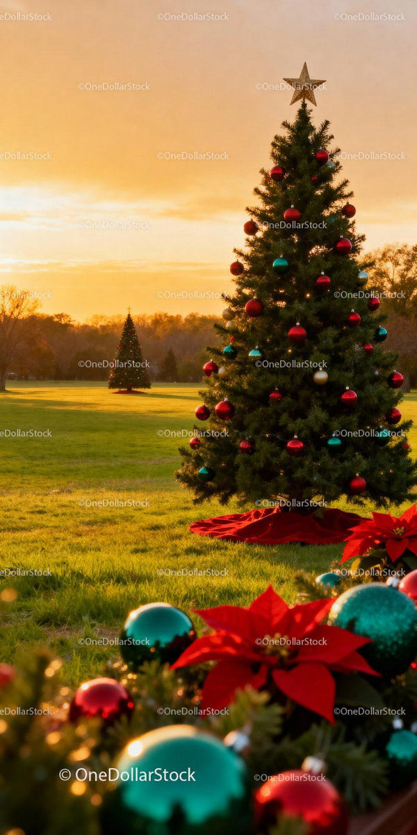 Decorated Christmas Trees on Green Field at Sunset