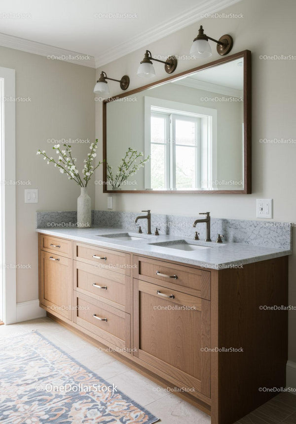 Elegant Bathroom Vanity with Double Sinks and Large Mirror