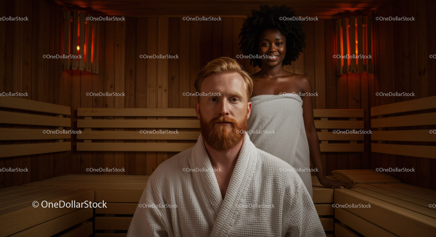 Relaxing Sauna Scene with Man and Woman in Towels in Wooden Spa