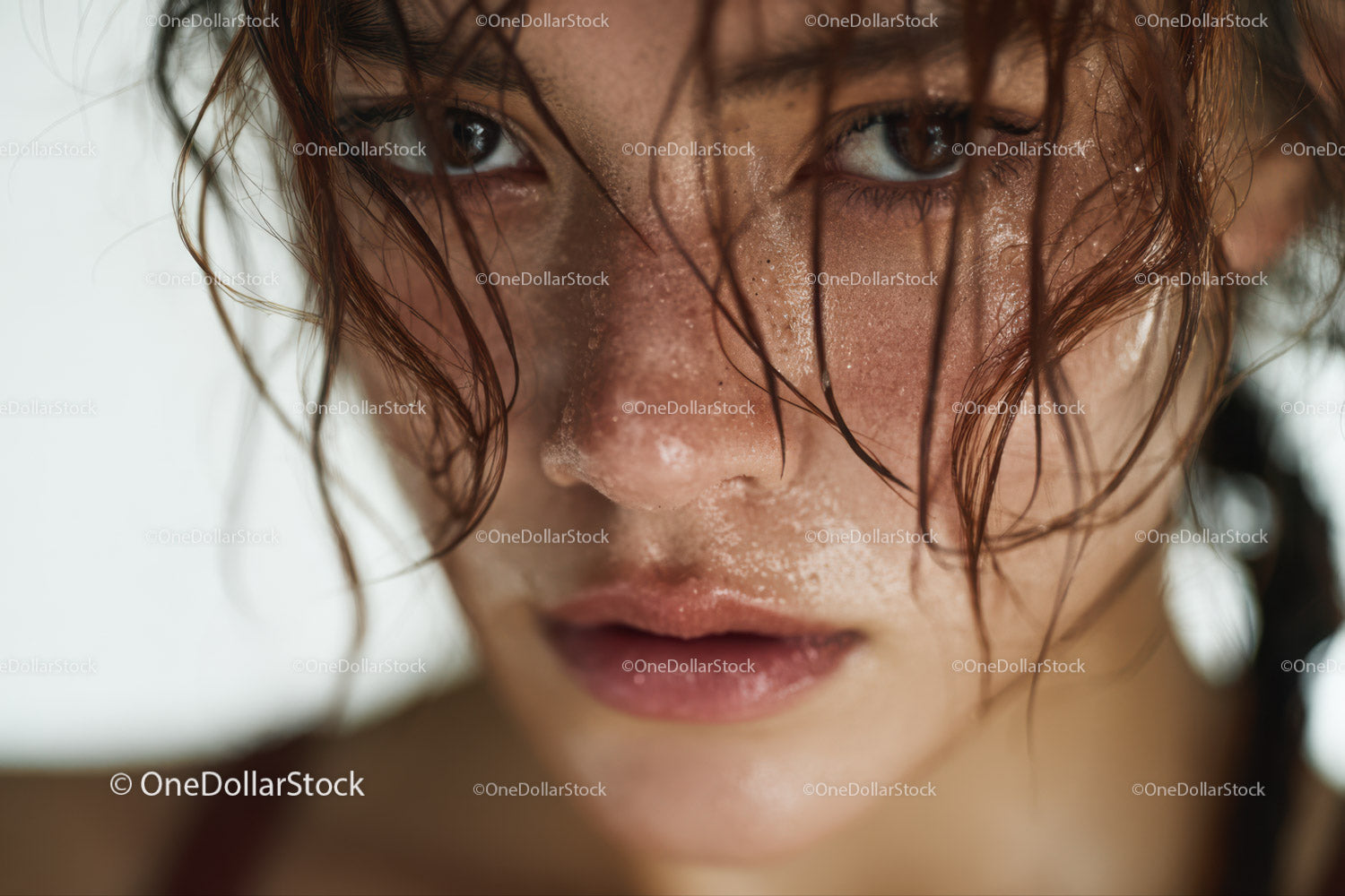 Close-Up Portrait of a Woman with Wet Hair and Intense Gaze