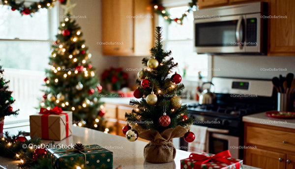 Cozy kitchen with small decorated Christmas tree and gifts