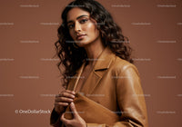 Elegant Woman in Brown Leather Jacket Holding Clutch Pose