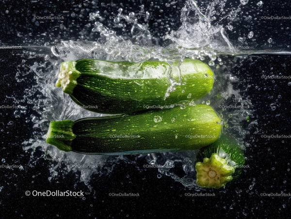 Fresh Green Zucchini Vegetables Floating in Water with Splash Effect