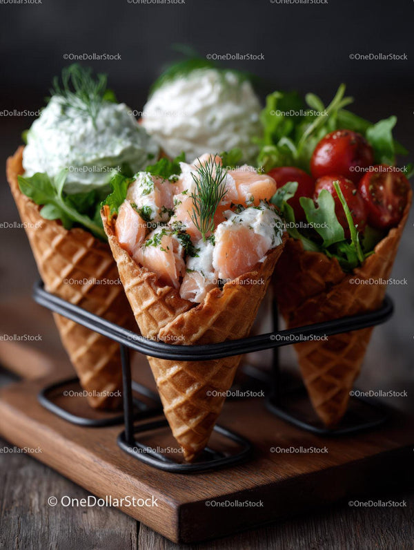 Salmon Roe and Cherry Tomato Appetizer in Waffle Cones with Greens
